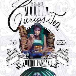 Könnte beinhalten: Eine Meerjungfrau mit grünen Haaren und einer Krone isst einen Stapel Pfannkuchen. Das Bild ist von einem schwarz-weißen grafischen Design mit dem Text "Morbid Curiosity", "Voodoo Pancake", "ESTD" und "MMXIX" umgeben.