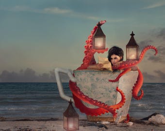 Octo girl in a teacup “penpal” 30x30 LARGE archival signed in number print by Lissa Hatcher