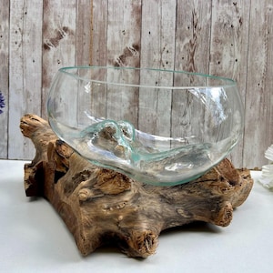 Peut inclure: Un saladier en verre transparent de forme originale, posé sur une base en bois naturel et texturé. Le saladier a une légère teinte bleu-vert. La base en bois a une forme naturelle et organique. Le fond comprend un pot en métal galvanisé avec de la lavande et des fleurs blanches.