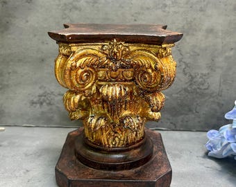 Distressed Gold Baroque Display Stand / Small Ornate Plinth Riser for Plants, Ornaments & Home Decor, Brown Base 16cm / Can Be Personalised