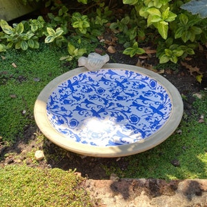 Small Bird Bath Feeder Garden Ornamental Table Blue White Ceramic Freestanding