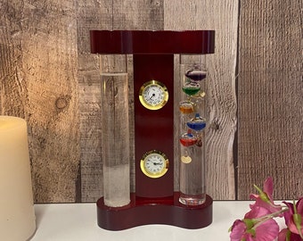 Galileo Thermometer / Storm Glass / Indoor Weather Station / Clock and Hygrometer / Wooden Thermometer / Mahogany Desk Ornament