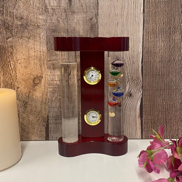 Galileo Thermometer / Storm Glass / Indoor Weather Station / Clock and Hygrometer / Wooden Thermometer / Mahogany Desk Ornament