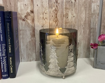 Glass Tealight Holder - Candle Holder - Silver Christmas Trees - Christmas Tree Candle Holder - Christmas Decor Decoration - Smoked Glass