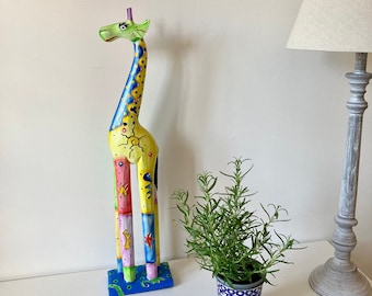 Wooden Giraffe Ornament Statue - Multi-coloured Giraffe - Hand-carved - Hand Painted Ornament - African Style - 60cm - Can Be Personalised