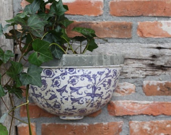 Garden Wall Planter - Blue & White Aged Ceramic Half Moon Oval Plant Pot Holder