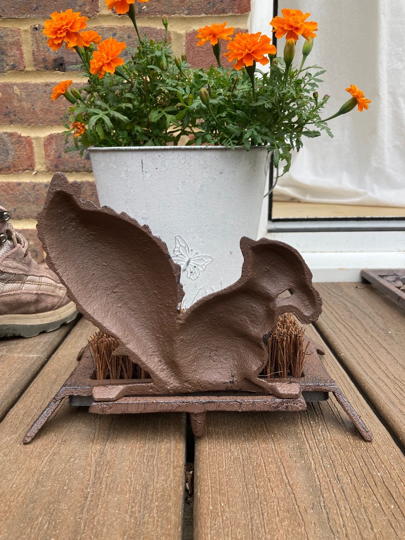 May include: A brown cast iron squirrel boot scraper with a brush underneath. The scraper is on a wooden deck.