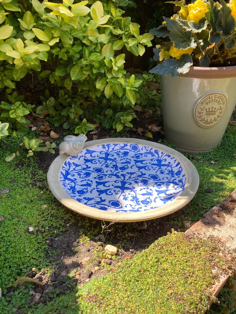 Small Bird Bath Feeder Garden Ornamental Table Blue White Etsy UK
