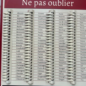 Op de afbeelding: Een witte boodschappenlijst met een rode kop die in het Frans "Ne pas oublier" zegt. De lijst is verdeeld in drie kolommen met verschillende voedingsmiddelen die in het Frans worden vermeld. De items zijn georganiseerd per categorie, zoals fruit, groenten en zuivelproducten.