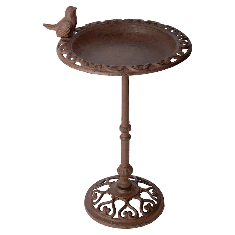 May include: A rustic brown cast iron bird bath with a decorative bird perched on the edge. The bath has a round, scalloped rim and sits on a tall, slender stand with a decorative base.