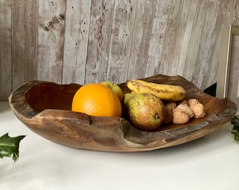 Grand bol de 45 cm de long en racine de teck / Bol à fruits en bois rustique / Bol sculpté à la main / Bol en bois fait main / Cadeau de pendaison de crémaillère / Peut être personnalisé