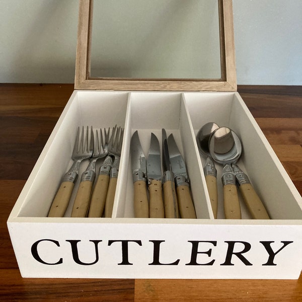 Wooden Cutlery Box Holder Tray for Tabletop Wood Cutlery Caddy Storage Tray Holder Glass Lid