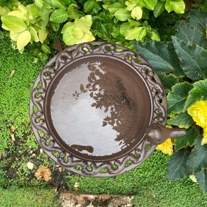 May include: A brown cast iron bird bath with a decorative design. The bath is filled with water and has a bird perched on the edge.