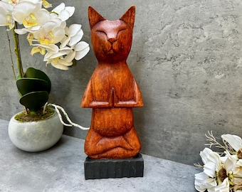 Handcarved Wooden Yoga Cat in Lotus Position – 32cm Tall Meditation Sculpture – Handmade Cat Statue – Zen Home Decor - Can be Personalised