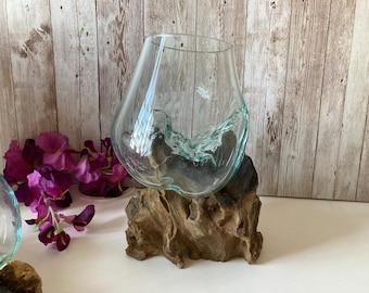 Molten Melted Glass Bowl / Bowl on Driftwood / LED Candle Bowl / Pot Pourri Bowl / Sweet Nuts Bowl / Ornament / Can Be Personalised