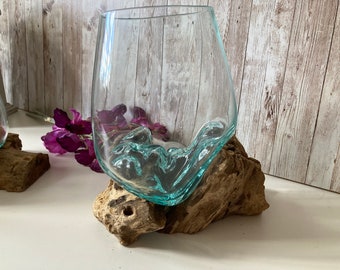 Molten Glass on Driftwood / Molten Glass Bowl / LED Candle Holder / Melted Glass Bowl / Driftwood Vase / Pot Pourri Bowl - Medium