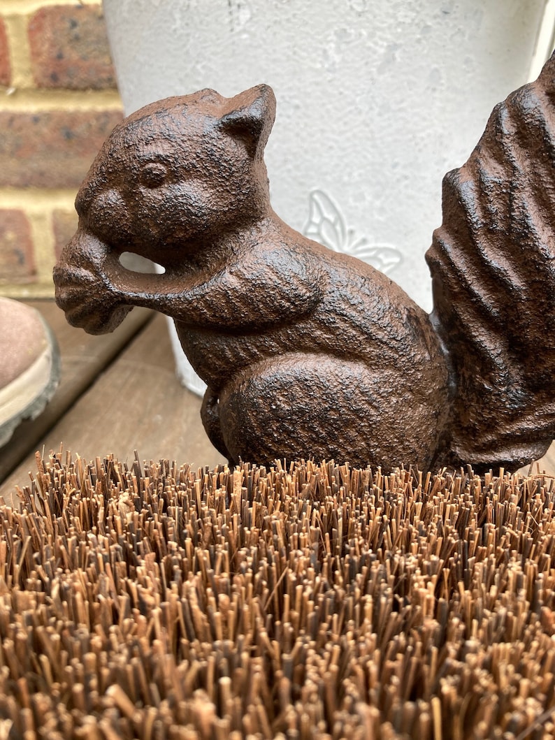 May include: A cast iron squirrel doorstop with a brown finish. The squirrel is holding a nut in its paws and has a bushy tail. The doorstop is sitting on a brown coir doormat.