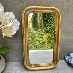Peut inclure: Un miroir rectangulaire avec un cadre doré aux coins arrondis. Le cadre a un bord intérieur perlé. Le miroir reflète une scène extérieure verte. Des fleurs blanches et bleues décoratives sont au premier plan.