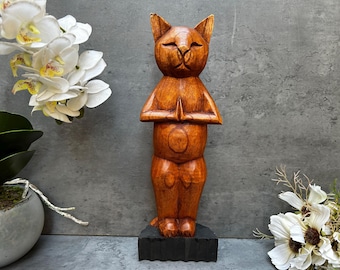 Handcarved Wooden Yoga Cat in Prayer Pose – 32cm Tall Meditation Sculpture – Handmade Cat Figurine – Zen Home Decor - Can be Personalised