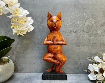 Handcarved Wooden Yoga Cat in Tree Position – 32cm Tall Meditation Sculpture – Handmade Cat Statue – Zen Home Decor - Can be Personalised