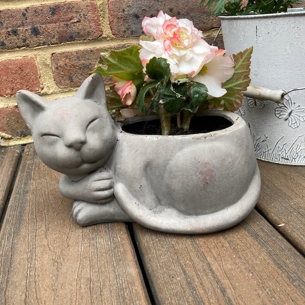 Cat Sleeping Kitten Garden Indoor Outdoor Grey Plant Flower Pot Planter Ornament