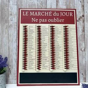 Op de afbeelding: Een rood en wit metalen boodschappenlijstbord met de tekst "LE MARCH&Eacute; du JOUR Ne pas oublier" bovenaan. Het bord heeft een lijst met Franse voedingsmiddelen in kolommen, waarbij elk item op een aparte regel staat. Het bord heeft een zwart schoolbord onderaan.