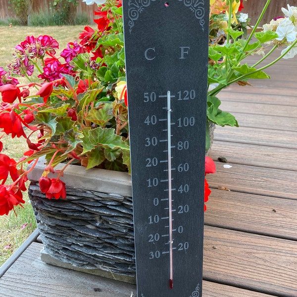 Garden Slate Thermometer Garden Gardeners Gift Outdoors 45 x 10 cm Scroll Detail