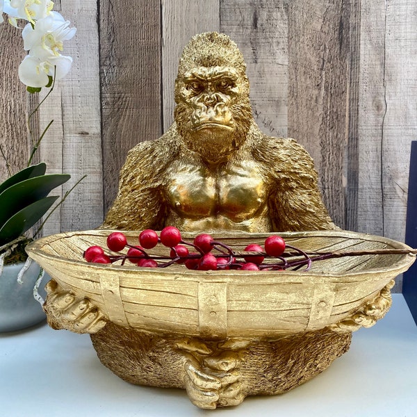 Gold Gorilla Figurine Ornament Silverback Ape Monkey Statue holding Oddments Bowl Dish - Christmas Birthday Mans Gift