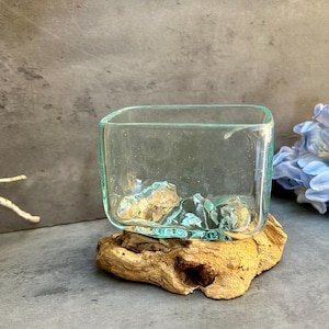 May include: A clear, square glass container with a light blue tint, resting on a piece of driftwood. The glass has a textured base with gold and blue accents. Decorative floral arrangement in the background.