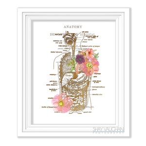 Digestive System Anatomy Art Print Faux Gold Floral Digestive Tract Print Anatomical Gastrointestinal Tract Gastroenterologist Gift No.525