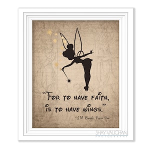 Lámina de arte de Campanilla con frase de Peter Pan &quot;Para tener fe&quot;, póster de J.M. Barrie, decoración del hogar, decoración de la habitación de los niños, arte de pared, regalo para habitación infantil (n.º 264)