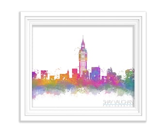 London Skyline Art Print, London Cityscape, England, Watercolor Print, London Poster, Illustration, Giclee, Painting, Wall Art,Gift (No.133)
