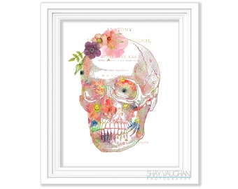 Anatomia ludzkiej czaszki wydruk artystyczny akwarela kwiatowy nadruk czaszki anatomiczny wydruk artystyczny czaszki prezent dla studenta medycyny gabinet lekarski sztuka nr 518