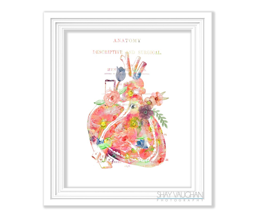 Heart Anatomy Art Watercolor Floral Heart Print Anatomical Heart Print ...