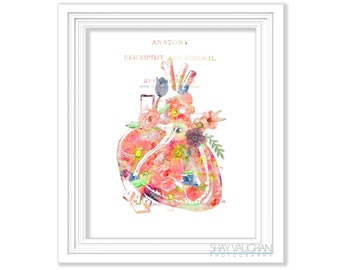 Heart Anatomy Art Watercolor Floral Heart Print Anatomical Heart Print Gift for Cardiologist Medical Student Gift Doctors Office Art No.512