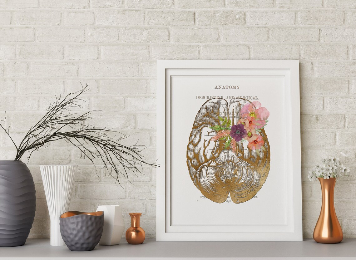 Human Brain Art Anatomy Brain Faux Gold Floral Brain Print Anatomical ...
