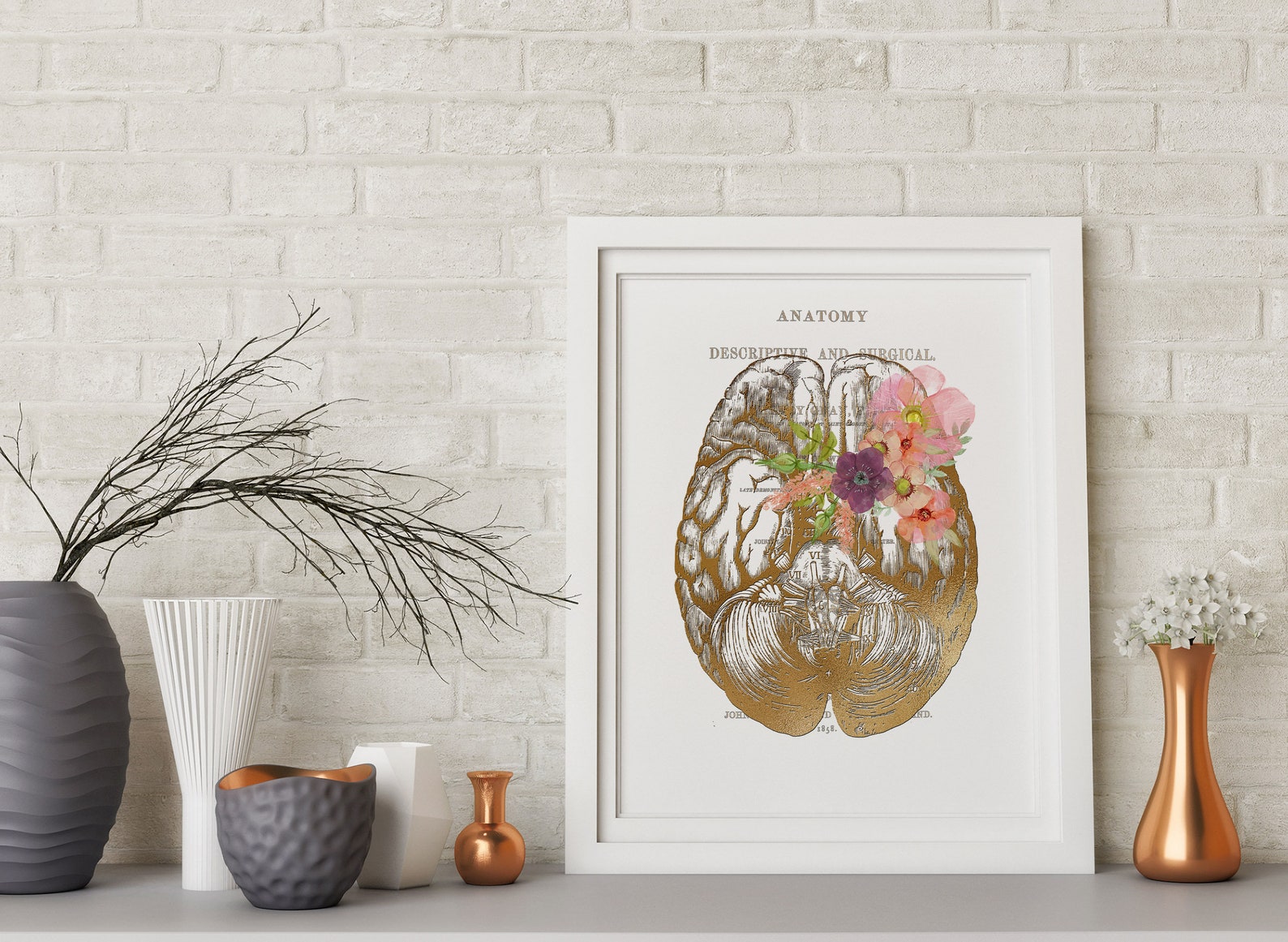 Human Brain Art Anatomy Brain Faux Gold Floral Brain Print Anatomical ...