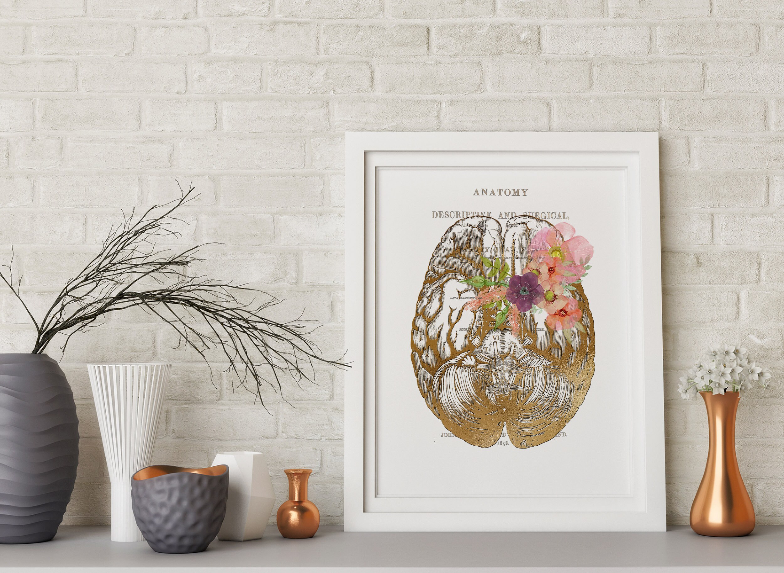 Human Brain Art Anatomy Brain Faux Gold Floral Brain Print Anatomical ...