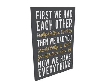 Family Sign Custom Gallery Wrapped Canvas Sign  "First We Had Each Other" Family Quote Wall Art Anniversary Gift New Baby Gift Home Decor