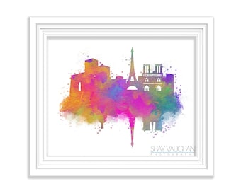 Paris Skyline Art Print Paris Watercolor Print France Art Print Paris Poster Paris Cityscape Painting Wall Art Home Decor Gift (No.132)