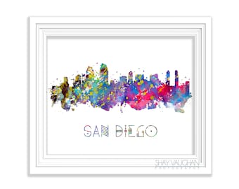 Impresión artística del horizonte de San Diego, impresión en acuarela de San Diego, póster del paisaje urbano de San Diego, pintura de San Diego, decoración del hogar, arte de pared, regalo (n.° 326)