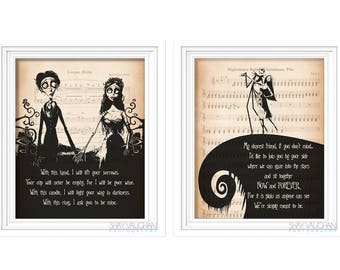 The Nightmare Before Christmas and Corpse Bride Art Print Set Tim Burton Quote Print Poster Wall Art Wedding Decor Wedding Gift Engagement