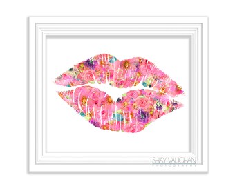 Impresión artística de besos, labios, póster floral de moda, arte abstracto de labios, impresión de lápiz labial, impresión artística de besos, ilustración de besos, arte mural de maquillaje (n.° 412)