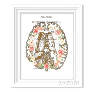 Human Brain Print Anatomy Art Faux Gold Floral Brain Print Anatomical Brain Medical Student Gift Psychologist Gift Doctor Office Art No.524