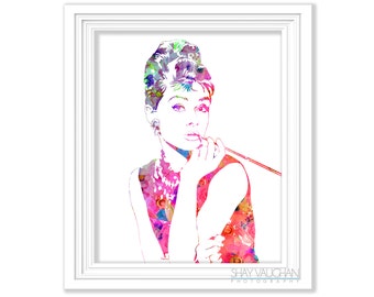 Impressão artística de Audrey Hepburn, pintura floral de Audrey Hepburn, pôster de Audrey Hepburn para decoração de casa, arte de parede de Audrey Hepburn (nº 402)