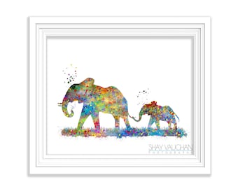 Elephant Baby and Mother Art Print Watercolor Art Poster Painting Illustration Wall Art Wall Decor Home Decor Wall Hanging Gift (No 189)
