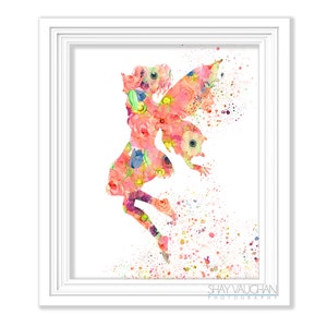 Fairy Art Print Peach Coral Floral Fairy Art Flower Fairy Watercolor Print Nursery Art Wall Art Home Decor Children&#39;s Room Art (No.422)