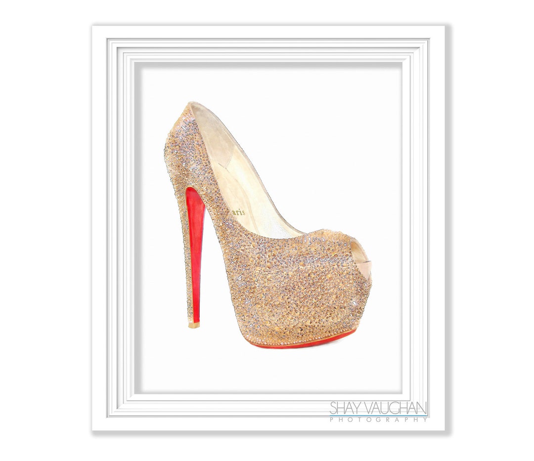 Gold Sparkle Shoe Art Print Gold Shoe Red Soles Watercolor Fashion ...
