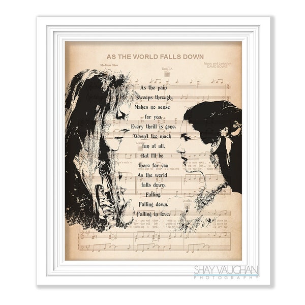 Stampa artistica del labirinto Sarah e Jareth "As The World Falls Down" Stampa dei testi di The Goblin King Labyrinth Wedding Decor Regalo di nozze (No.500)