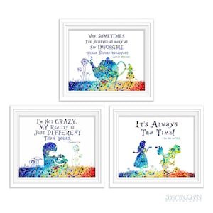 Alice In Wonderland Watercolor Art 3 Print Set Alice in Wonderland Cheshire Cat Mad Hatter Quote Prints Wall Art Home Decor Nursery Art Gift